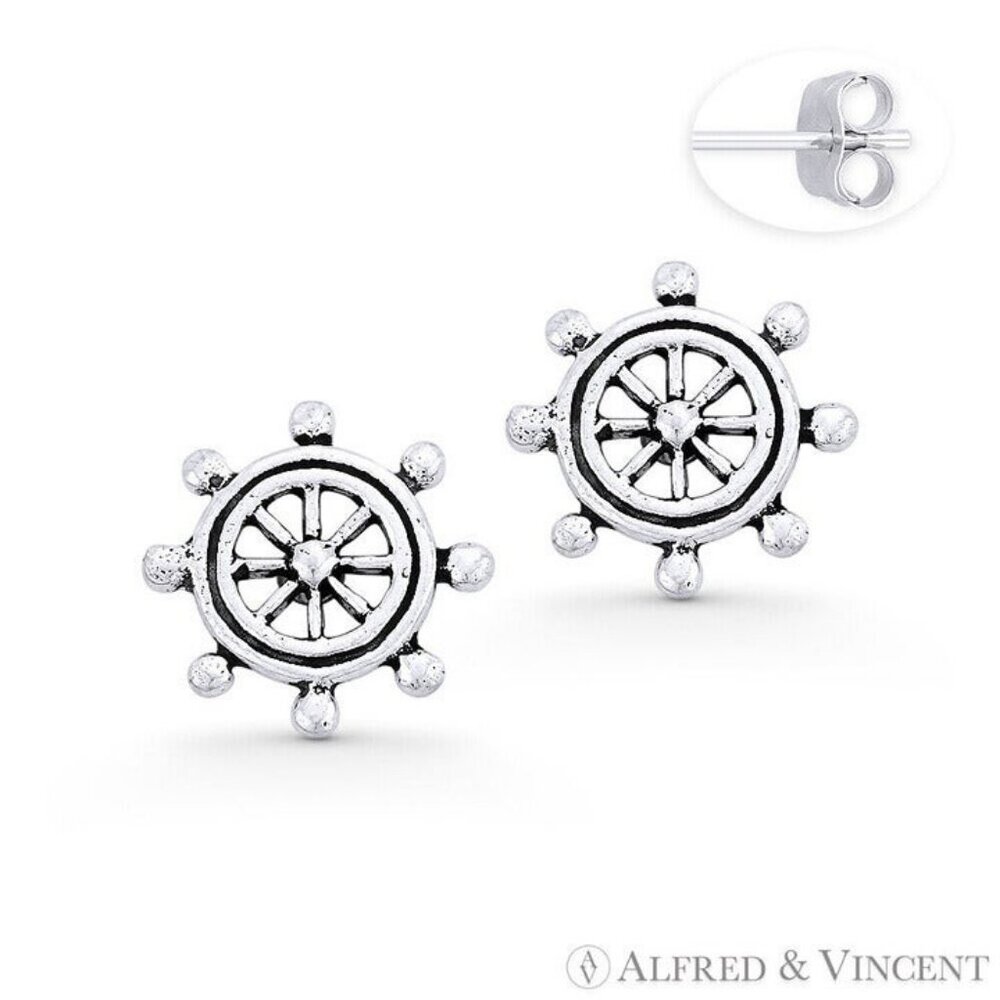 Helm Wheel Nautical Charm Stud Earrings in Oxidized .925 Sterling Silver